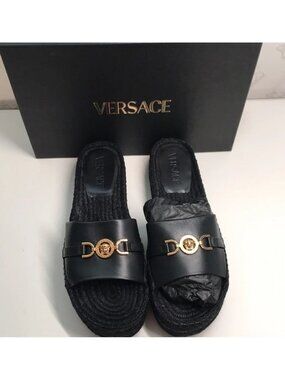 New Authentic Versace Summer Slides – Premium Leather, Gold-Tone Logo